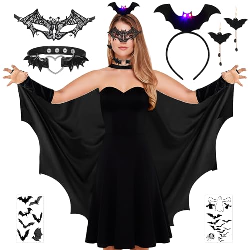 Schwarz Fledermaus Kostüm Damen, 6 Stücke Fledermaus Flügel mit Stirnband, Spitzen-Augenmaske, Ohrringen, Halsketten, Aufklebern, Sexy Grusel...