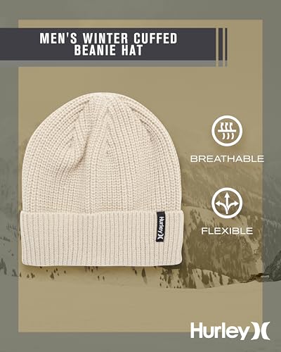 Image of Hurley Men's Cuffed Beanie - Classic Midweight Loose Knitted Winter Hat for Men