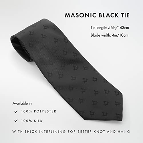 Image of THE MASONIC COLLECTION - Freemason Black Tie - Made With Premium Silk /Polyester - Handmade - Masonic Square & Compass Design - Better Knot & Hang - A Perfect Masonic Gift Accessory For Freemason Men