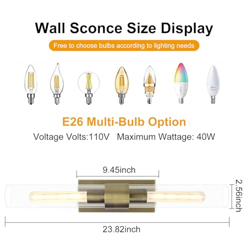 Image of Glass Tube Wall Sconces, 24in Bathroom Vanity Light Fixtures 2-Light Double Glass Sconces Wall Lighting Bathroom Wall Lights for Mirror, Living Room, Bedroom, Hallway (Including Extra Bulbs)-Brass