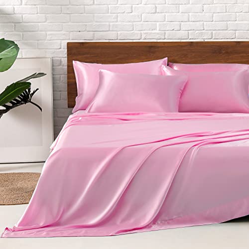 Image of MR&HM Satin Bed Sheets, King Size Sheets Set, 6 Pcs Silky Bedding Set with 15 Inches Deep Pocket for Mattress (King, Pink)
