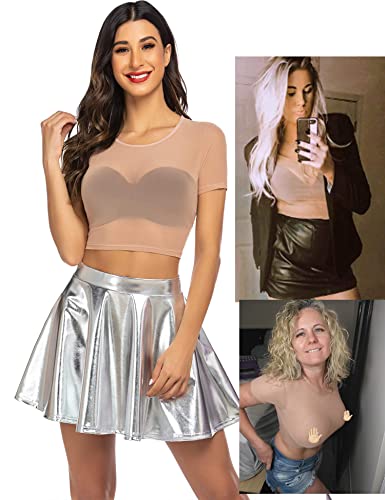 Avidlove See Through Crop Top Sheer Mesh Tee Blouse Short Sleeve Mesh T Shirts Nude S #TOP1