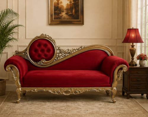 Image of Victorian Style Chaise Lounge, Tufted Cream Upholstery, Mahogany Wood Frame, Classic Living Room Furniture (red)