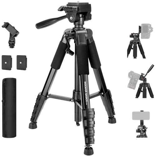 Image of NEEWER Basics TP56 Camera Tripod, 74 inch Tripod with Cell Phone Holder Mount | Compatible with iPhone for Video Recording, Professional Aluminum Lightweight Portable Travel Stand, 3 Way Pan Tilt Head