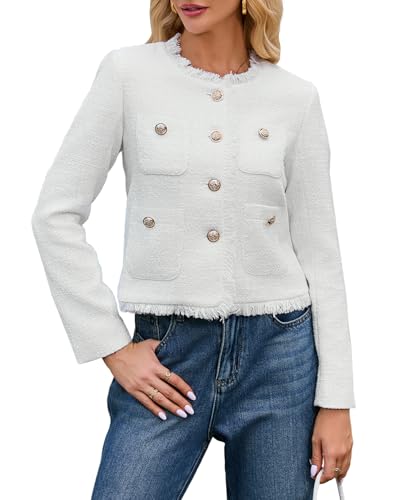 Cropped Tweed Blazer Jackets for Women Elegant Collarless Long Sleeve Button Down Work Office Blazer Jacket