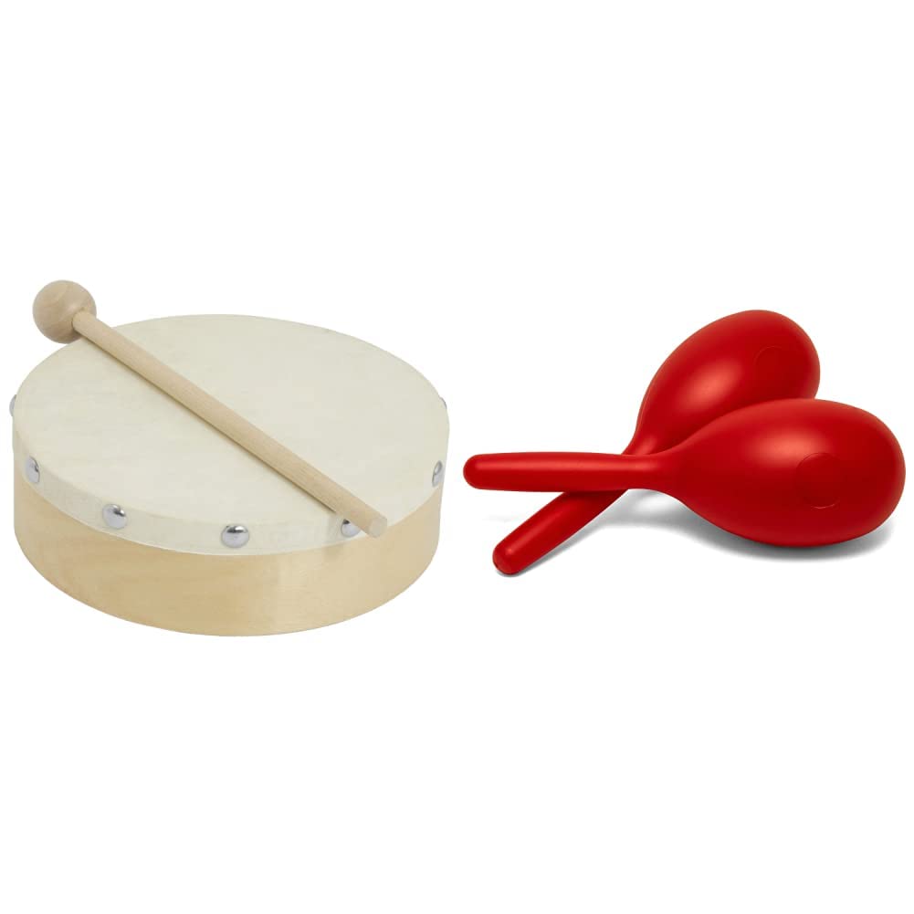 World RhythmHD-6 Hand Drum - 6 inch Pre-tuned Frame Drum - Beater Included - Authentic Goatskin Drum Head & TIGER MAR49-RD Full Size Plastic Maracas - Red - One Pair