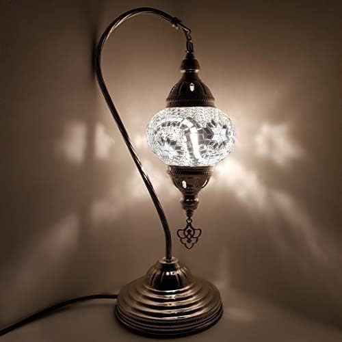 World Home Living Turkish Table Lamp Silver/Chrome Desk Light Glass Mosaic CE and UK Certified (White - A)