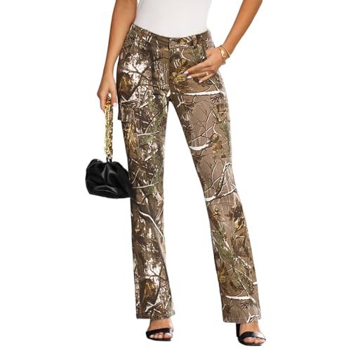 Women Camo Print Bootcut Jeans Mid Waisted Camouflage Cargo Slim Stretch Flare Denim Pant with Flap Pockets
