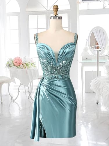 SOLODISH Lace Beaded Homecoming Dresses Short Satin Prom Dresses for Teens2