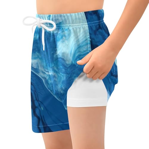 GuoChe Boys Beach Shorts Youth Quick Dry Basketball Shorts Compression Liner Green Blue Marble Texture2