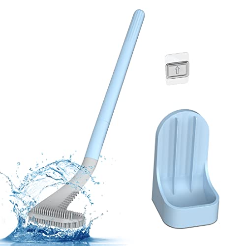 Image of Toilet Brush, Long Handle Golf Toilet Brush with Holder 360 Deep Cleaning Flexible Silicone Toilet Cleaner Brush Wall Mounted for Bathroom (Blue)