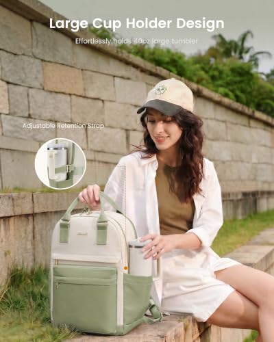 Image of LOVEVOOK Laptop Backpack for Women with Giant Tumbler Holder Pocket, 17.3 inch Laptop Computer Bag Travel Backpack Purse, Waterproof Work Nurse Teacher Bag College School Bookbag, Pea Green & Beige
