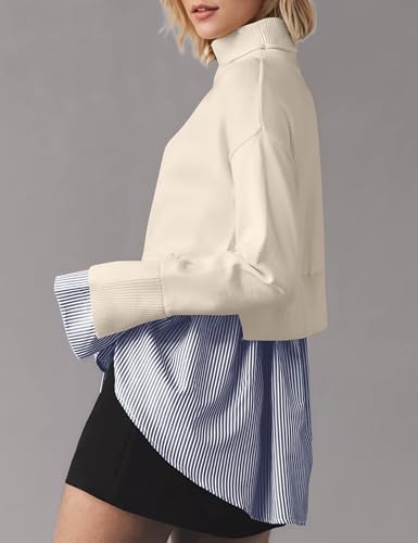 Image of MISSACTIVER Women Slit Turtleneck Patchwork Sweater 2 in 1 Buttons Down Pullover Knit Sweater Asymmetrical Hem Shirt Top
