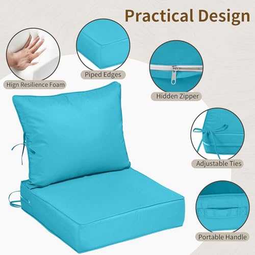 Image of 24x24 Outdoor Chair Cushions Set of 4, Waterproof Deep Seat Cushions for Patio Furniture with Removable Cover, Fade Resistant 4'' Outdoor Seat Cushion w /Ties&Handle for Sofa Loveseat, Lake Blue