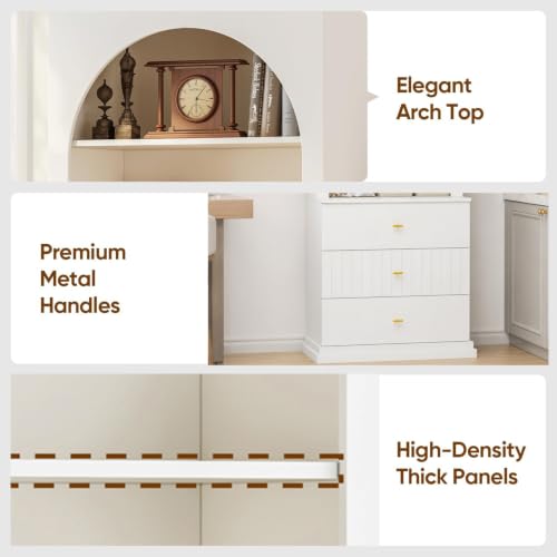 Image of ivaniti 71 inch Arched Kitchen Pantry Cabinet Set of 3 with 9 Drawers, White Freestanding Storage Hutch with Open Shelves and Gold Handles for Kitchen, Dining Room