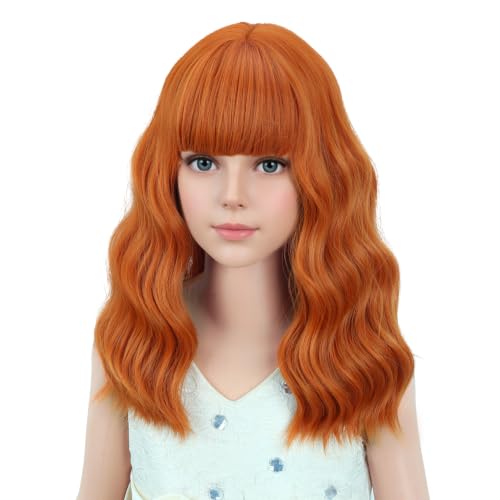 Image of PATTNIUM Kids Orange Wig Child Ginger Wig with Bangs Short Wavy Auburn Wigs for Girls Shoulder Length Heat Resistant Synthetic Wigs