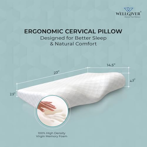 Image of WELLGIVER Cervical Memory Foam Pillow for Neck Pain | 2 Year Warranty | 23 x 14.5 x 4.5 Inch King | Orthopedic Pillow Spondylitis Neck & Shoulder Pain | Washable Jacquard White Cover | Pack of 2