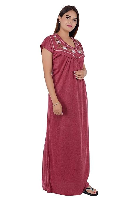 Image of Onekbhalo Women's- Full Sleeves-Feeding- Nursing- Maternity Nighty /Maxi /Gown /Nightdress /Nightwear- Hosiery Cotton Fabric- Floral Print- Embroidery with Zip