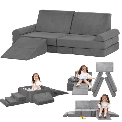 Image of MOOZHEALTH Kids Play Couch- Modular Playset Foam Climbing Blocks for Toddlers Children with Square Ball Pit,Convertible Foam Couch Sofa Indoor Furniture for Playroom, Bedroom(Gray)