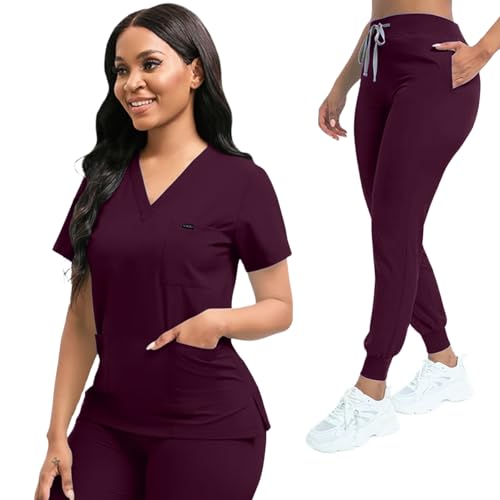 YEZEX Scrubs for Women Set, Women's V-Neck Top & Jogger Scrub Pants, Nursing Uniform Scrubs Set with 8 Pockets, for Nurse Esthetician Workwear (Burgundy)
