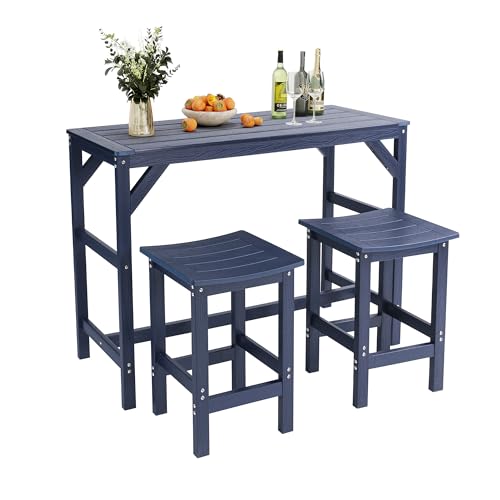 Sunnibety HIPS Outdoor Patio Bar Set, All Weather HIPS Bar Table and Chairs Set for Outside, 55' Rectangular High Top Bar Table with 2 Bar Stools for Poolside, Patio, Balcony, Deck (Blue, 3 Pcs Set)
