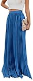 ebossy Women's High Waist Flowy Pleated Chiffon Maxi Skirt (Medium, Blue)