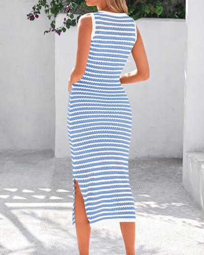 Image of Zenlonr Women's Sleeveless Summer Dresses 2025 Casual Crochet Knit Sundress Striped Long Tank Dress Beach Slip Dress