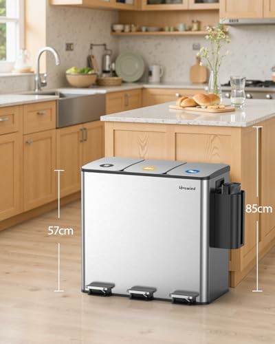lovewind Mülleimer Küche,Mülleimer 3 Fächer,60L Mülltrennsystem, 3 x 20L, Tretmülleimer mit Deckel und Inneneimern, Stahl… – Ansicht 2