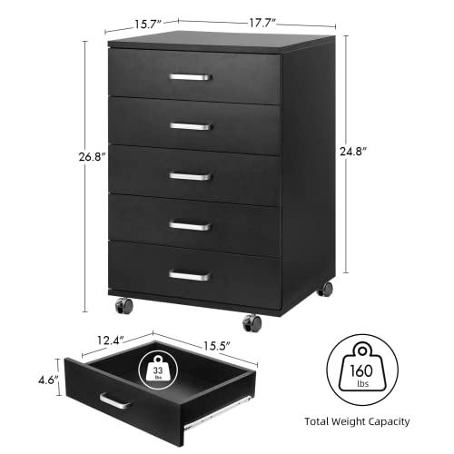 Tusy 5 Drawer Dresser, Wood Chest With Wheels, Storage Drawers For Bedroom, Living Room, Office, Black #TOP2