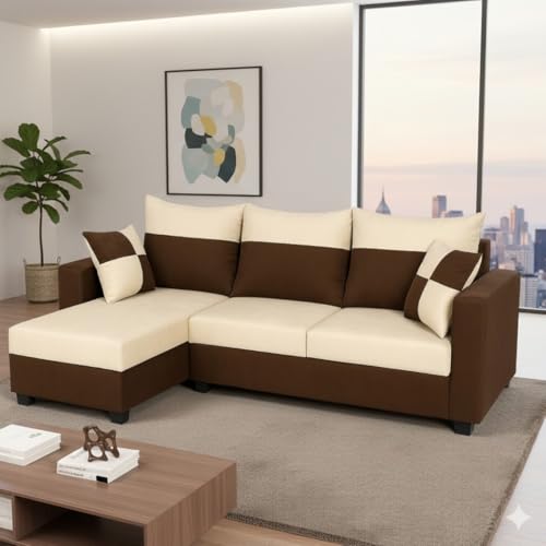 Image of Furny Arevva 4 Seater Fabric LHS L Shape Sofa Set (Cream-Dark Brown)