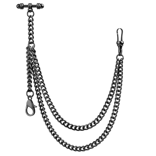 Montre de poche noire avec chaîne Albert en T, cadeau idéal homme