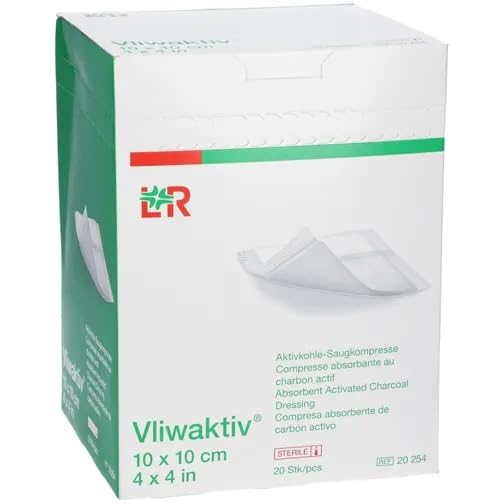 Vliwaktiv - 20 compresse di aspirazione al carbone attivo, 10 x 10 cm, sterili, sigillate singolarmente