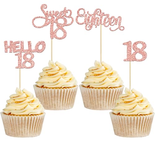 Gyufise 24Pcs Rose Gold Glitter 18th Birthday Cupcake Toppers Sweet 18 Hello 18 Eighteen Cupcake Picks for 18th Birthday Cake Decorations Supplies