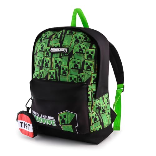 Minecraft Sac à dos pour garçon avec porte-monnaie attaché – Sac d'école pour enfants avec motif Creeper, poche avant et support latéral en maille –...