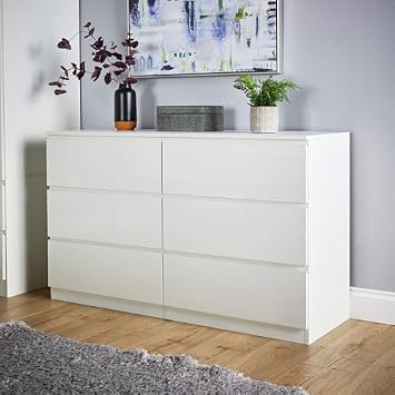 Home Source Lugano High Gloss Chest of 6 Drawers 3+3, Front Compact Bedroom Cabinet, Spacious Wide Dresser Storage, 6 Drawer, White - 40Dx120W x72Hcm