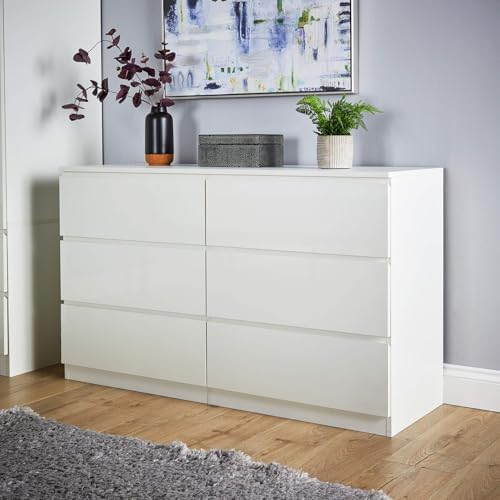 Image of Home Source Lugano High Gloss Chest of 6 Drawers (3+3), Front Compact Bedroom Cabinet, Spacious Wide Dresser Storage, 6 Drawer, White - 40Dx120W x72Hcm