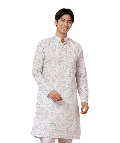 Image of Majestic Man Men's Cotton Regular Fit Casual Mandarin Collar Ethnic Motifs Printed Long Regular Kurta