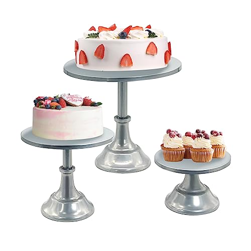 VCEPJH 3 Pcs Cake Stand Set Silver Cupcake Holder Dessert Stands for Dessert Table Cake Display Plate Round Serving Tray for Wedding Party Birthday Anniversary