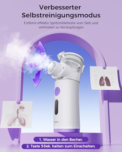 Inhalationsgerät für Erwachsene und Kinder,3 Nebelstufen, Selbstreinigung, Ergonomisches Design, Tragbare Elektrische inhaliergeräte für alle Altersgruppen (Purple)