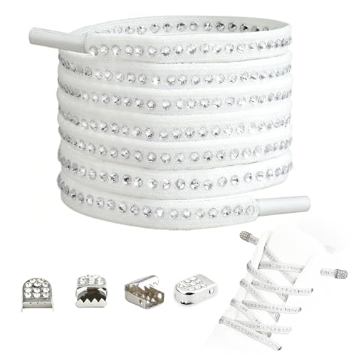 IRIS CRAFT Double-Sided White Crystal Rhinestone Elastic No Tie Shoelaces with Metal Buckle - Sparkly Bling Stretch Shoe Laces for Sneakers Kids & Adults DIY No-Tie Laces for Runing Shoes(100 cm)