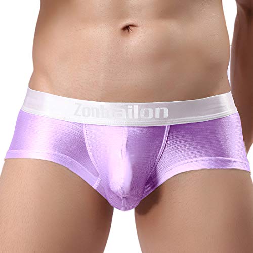 Zonbailon Men's Sexy Bulge Pouch Ice Silk Underwear Low Rise Trunks Short Leg Boxer Briefs (Purple, L (Waist 36"-38")) #TOP1