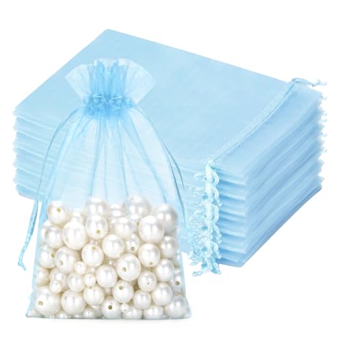 jijAcraft Lot de 50 grands sachets en organza bleu clair 13 x 18 cm : pochettes cadeaux avec cordon de serrage transparent pour bijoux, sachets à bijoux,...