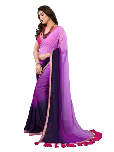 Image of RAJESHWAR FASHION WITH RF Women's Fancy Desian Ombre Georgette Saree For Women With Latkan Tassels Lace Border & Unstitched Blouse