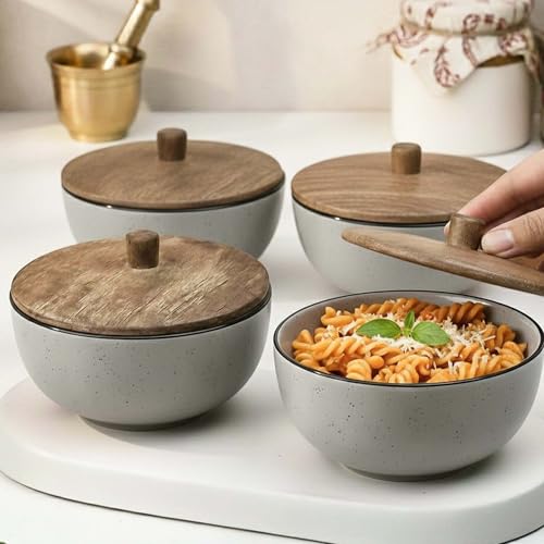 Image of The Earth Store Glossy Grey Marble Ceramic Bowl Set of 4 - 500ML Each with Nob Wooden Lid | Mixing Bowls for Snacks, Rice, Dal, Fruits, Salad Microwave Safe Bowl with Lid Perfect Gifting & Daily Use