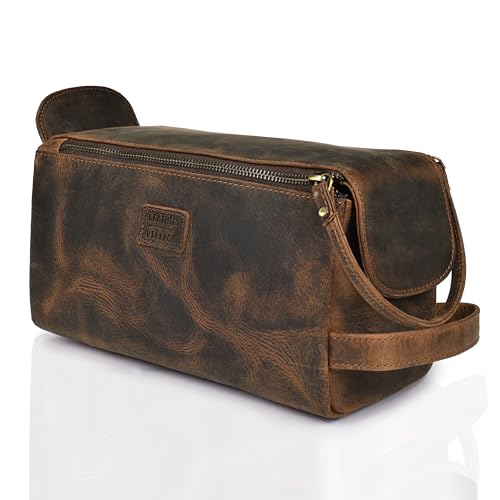 Premium Leather Travel Toiletry Bag - Water-Resistant Dopp Kit for Men & Women - Rustic Brown