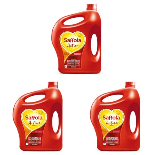 Image of Saffola Active Refined Cooking oil | Rich in Omega 3 & Oryzanol | Multi-Source Edible Rice Bran & Soyabean oil | 4.6L / 4.25kg jar (Weight May Vary) (Pack of 3)