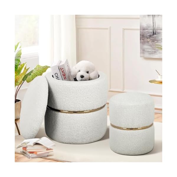 Furniliving round storage ottoman set of 2 modern sherpa vanity stool for makeup comfy ottoman with storage upholstered footstool for dorm living room bedroom white  urban country home decor