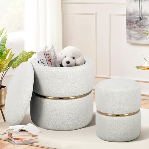 Furniliving Round Storage Ottoman Set of 2 Modern Sherpa Vanity Stool for Makeup Comfy Ottoman with Storage Upholstered Footstool for Dorm Living Room Bedroom White