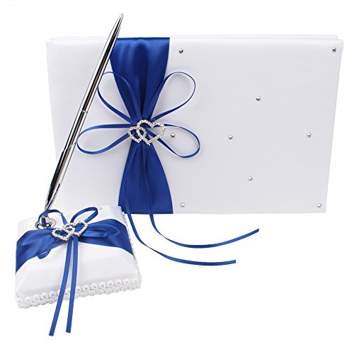 OurWarm Wedding Guest Book and Pen Set Double Heart Rhinestone Decor Royal Blue/Deep