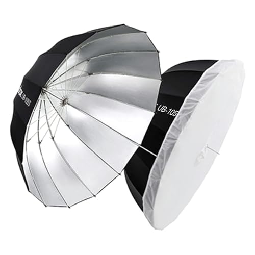 Godox UB-105 - Ombrello da studio fotografico, 105 cm, interno argento, parabolico, riflettente, luce morbida, con copertura diffusore per riprese in studio video (105 argento)